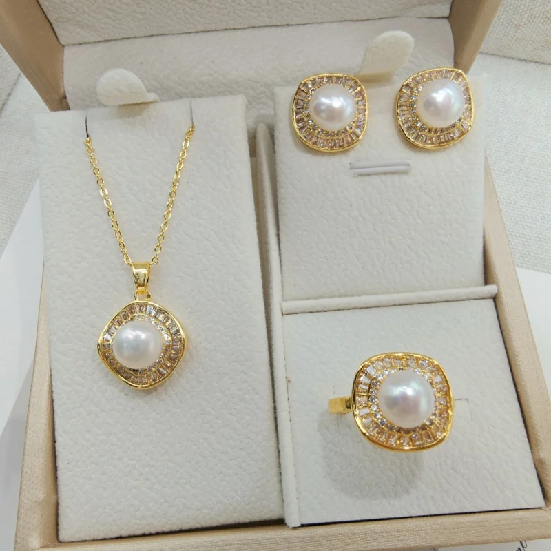 Freshwater necklace women's with micro-inlaid zirconia, pearl earrings, ring, and pendant three-piece set