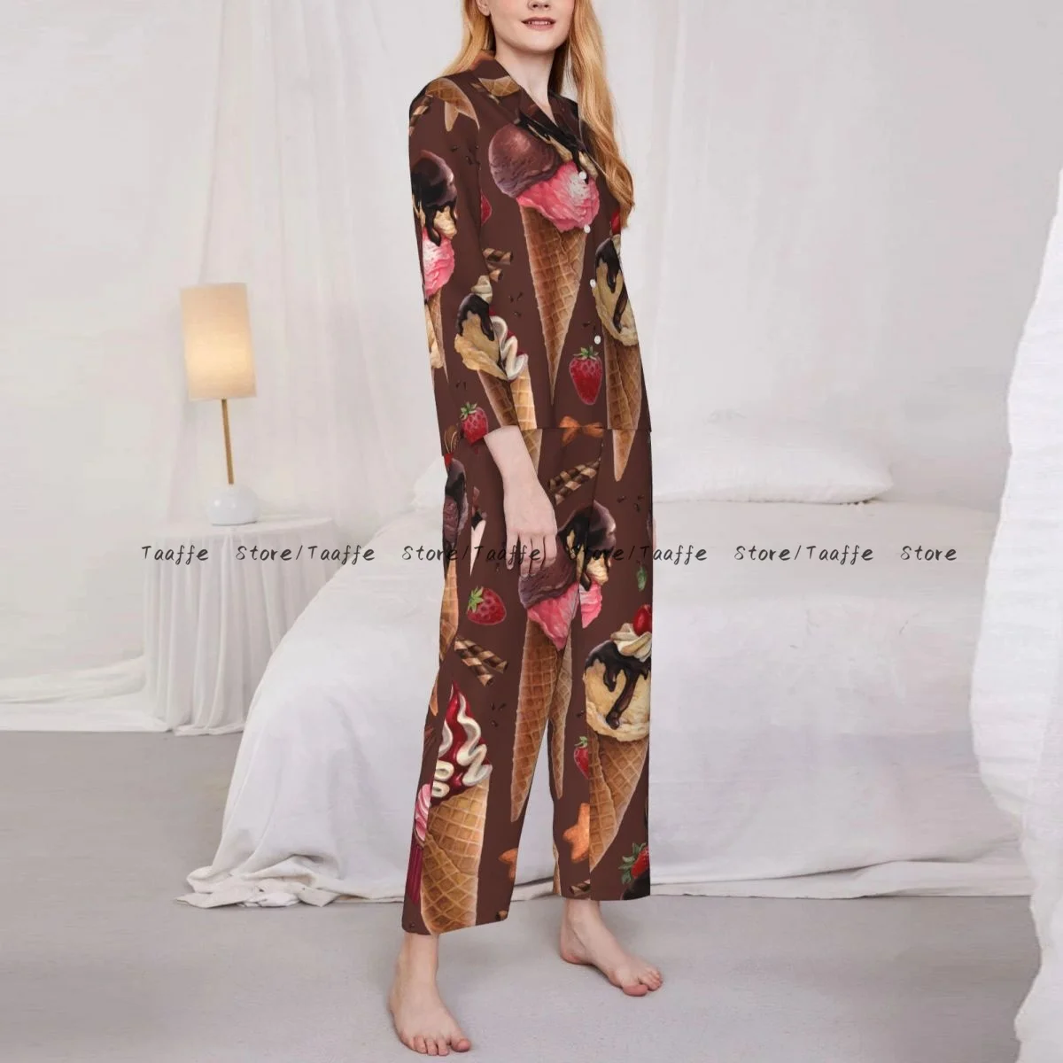 Spring and Autumn Pajama Set Women's Long Sleeve Pants Two Piece Watercolor Ice Cream Home Furnishing Set