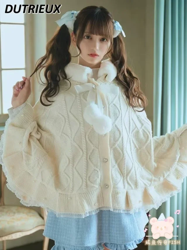 Suéter solto casual cardigan japonês produzido em massa estilo lolita casacos femininos doce fofo orelhas de urso bola de cabelo capa de malha xale