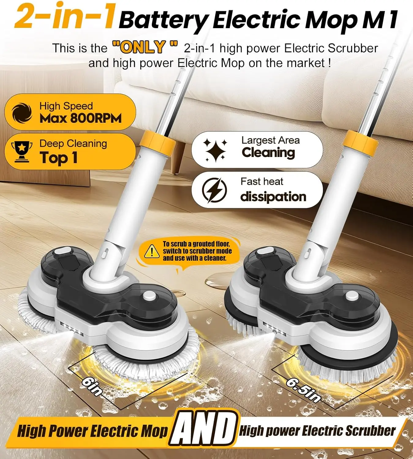 800RPM Cordless Electric Mop, 6000mAh Battery Electric Power Scrubber & Mops for Floor Cleaning, Best Automatic Spin Mops with S