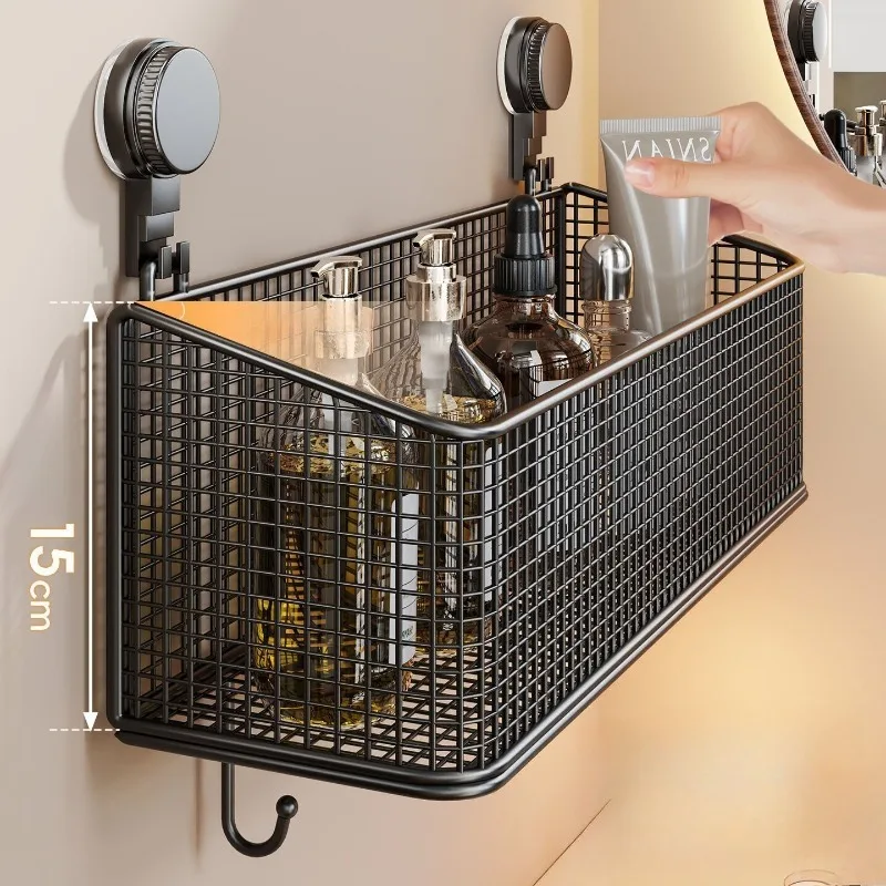 Wall Mount Suction Cup Bathroom Storage Basket Punch Free Shower Caddy Rack For Shampoo Toothpaste Skincare Toilet Organizer