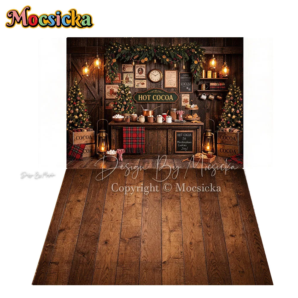 Mocsicka Hot Cocoa Kitchen Christmas Backdrop Photography Wood Wall Drink Bar Cookies Background Winter Newborn Portrait Booth