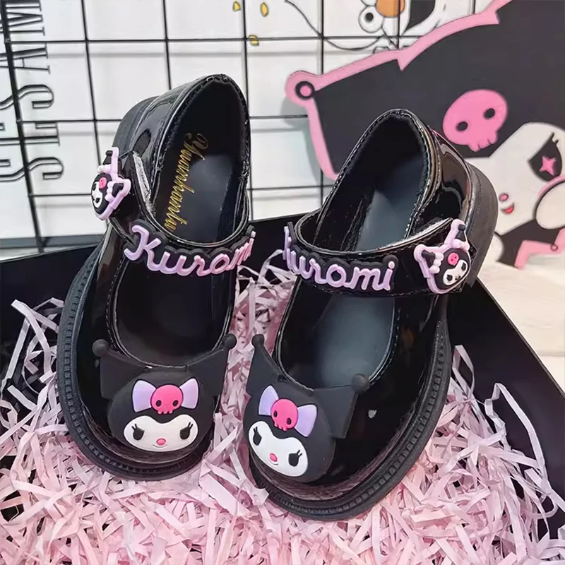 Sanrioed Kuromi Girl Black British Princess Small Leather Shoes Kawaii Anime Soft Soles Babys Shoe Sweet Cute Cartoon Kid Gift