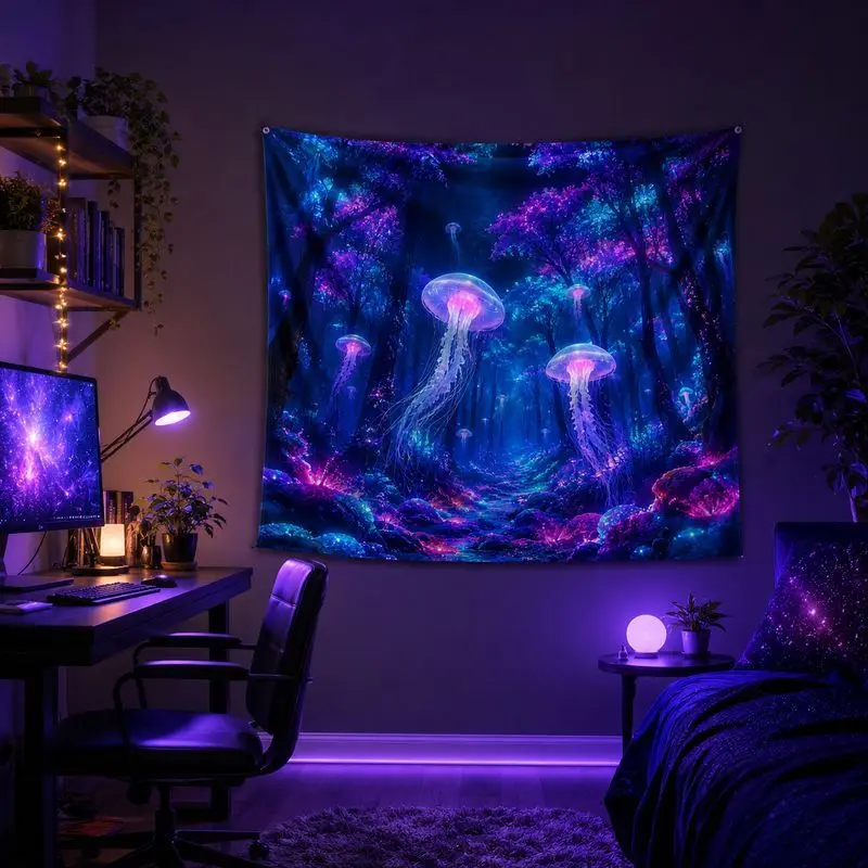 Jellyfish Blacklight Tapestry Neon Ocean Wall Hanging Psychedelic Bedroom Dorm Home Decor
