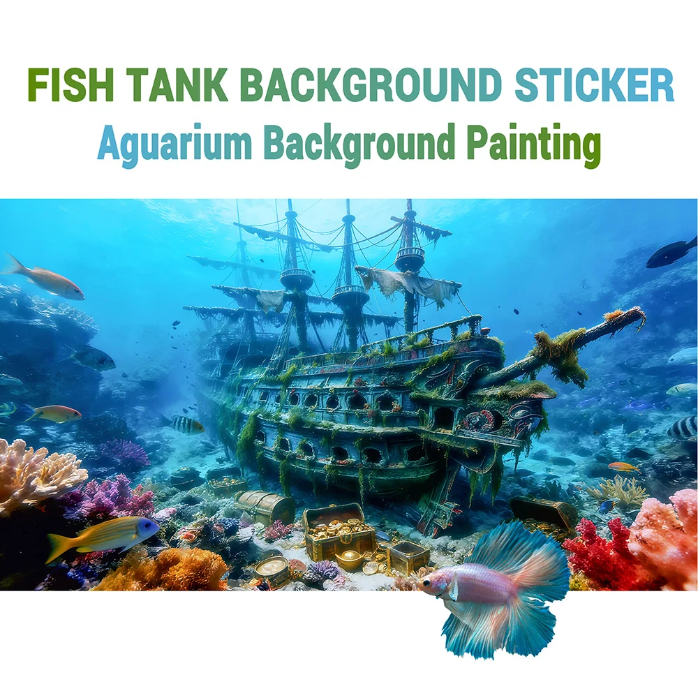 Goldenes Schiffsverschrottungs-Motiv, Aquarium-Hintergrundbild, Aquarium-Aufkleber, selbstklebend, Landschaftsornamente