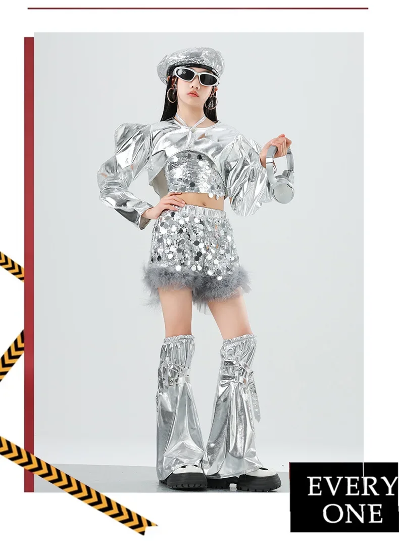 Mädchen Silbernes Pailletten-Jazz-Hip-Hop-Tanzkostüm Streetdance-Bühnenoutfit Glitzerndes Pailletten-Tanzoutfit-Set – Detail 5
