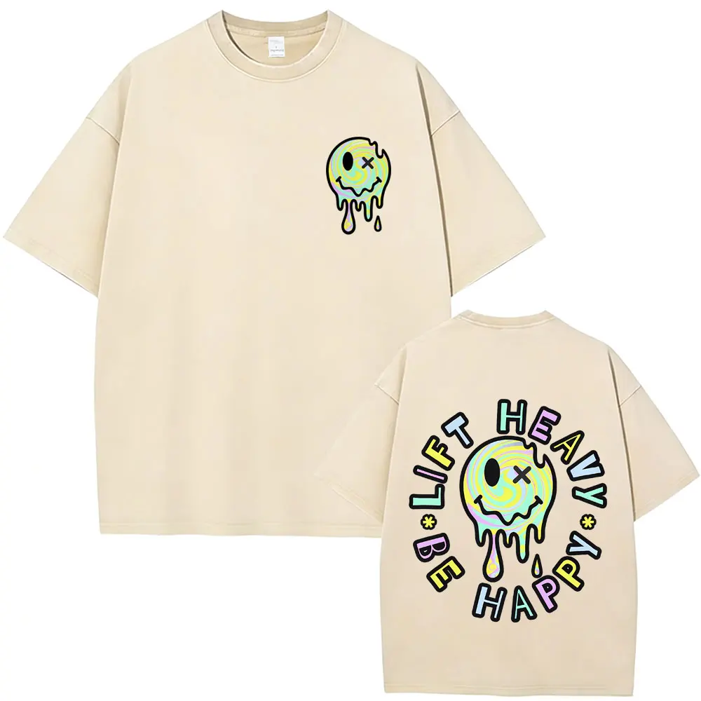 

Lift Heavy Be Happy Vintage Washed T Shirt Men Women Clothing Fashion Gym Fitness T-shirt Men's Casual Cotton Oversized T-shirts