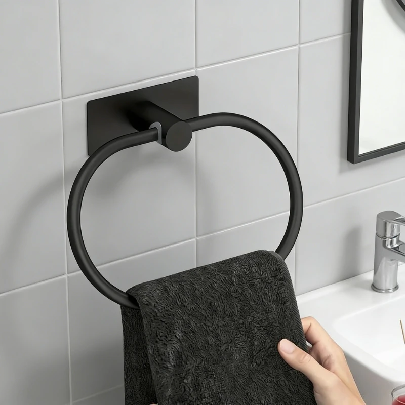 

Stainless Steel Towel Holder Self-adhesive Bathroom Towels Rack Black Washhand Hanger Ring Rail Bar Kitchen Storage Accessories