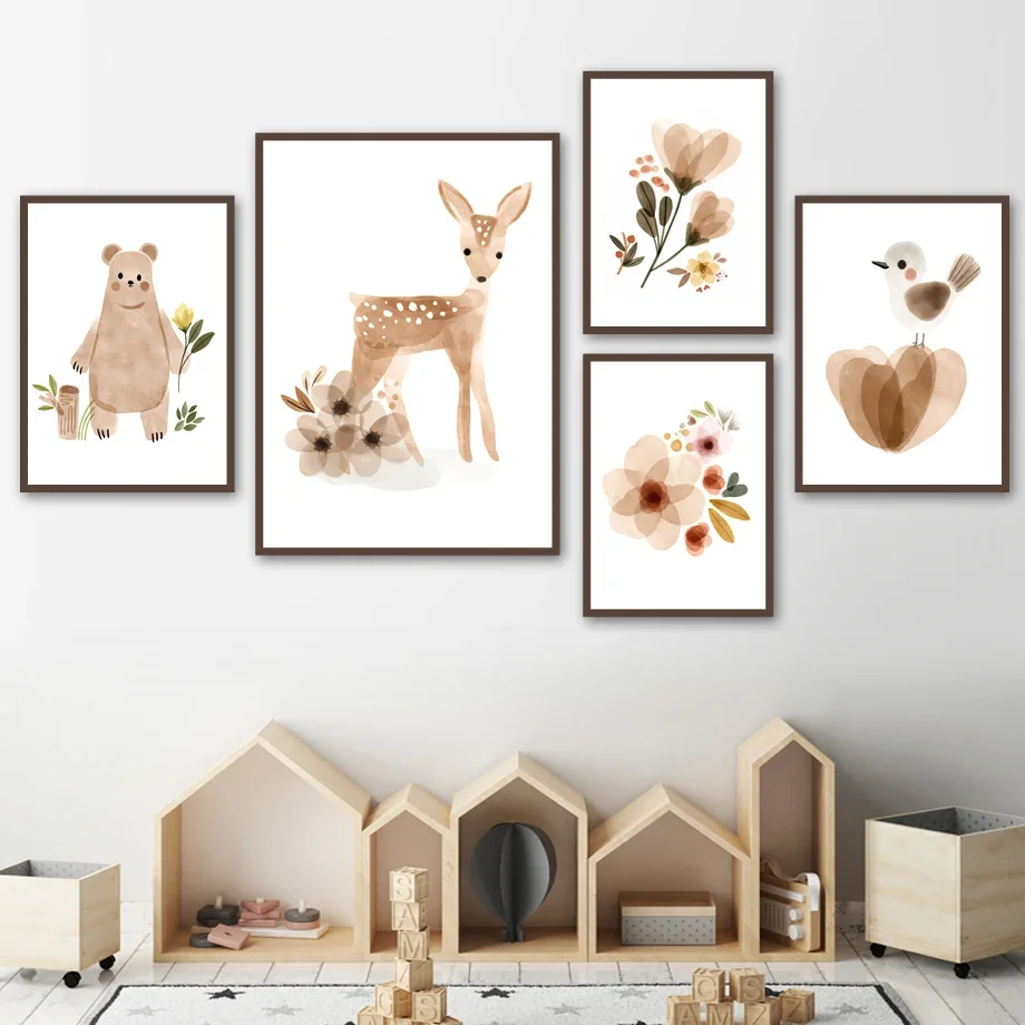 Cartoon Bear Deer Flower Bird Woodland Nursery Wall Art Print Canvas Painting Nordic Poster Boho Decor Pictures Baby Girl Room