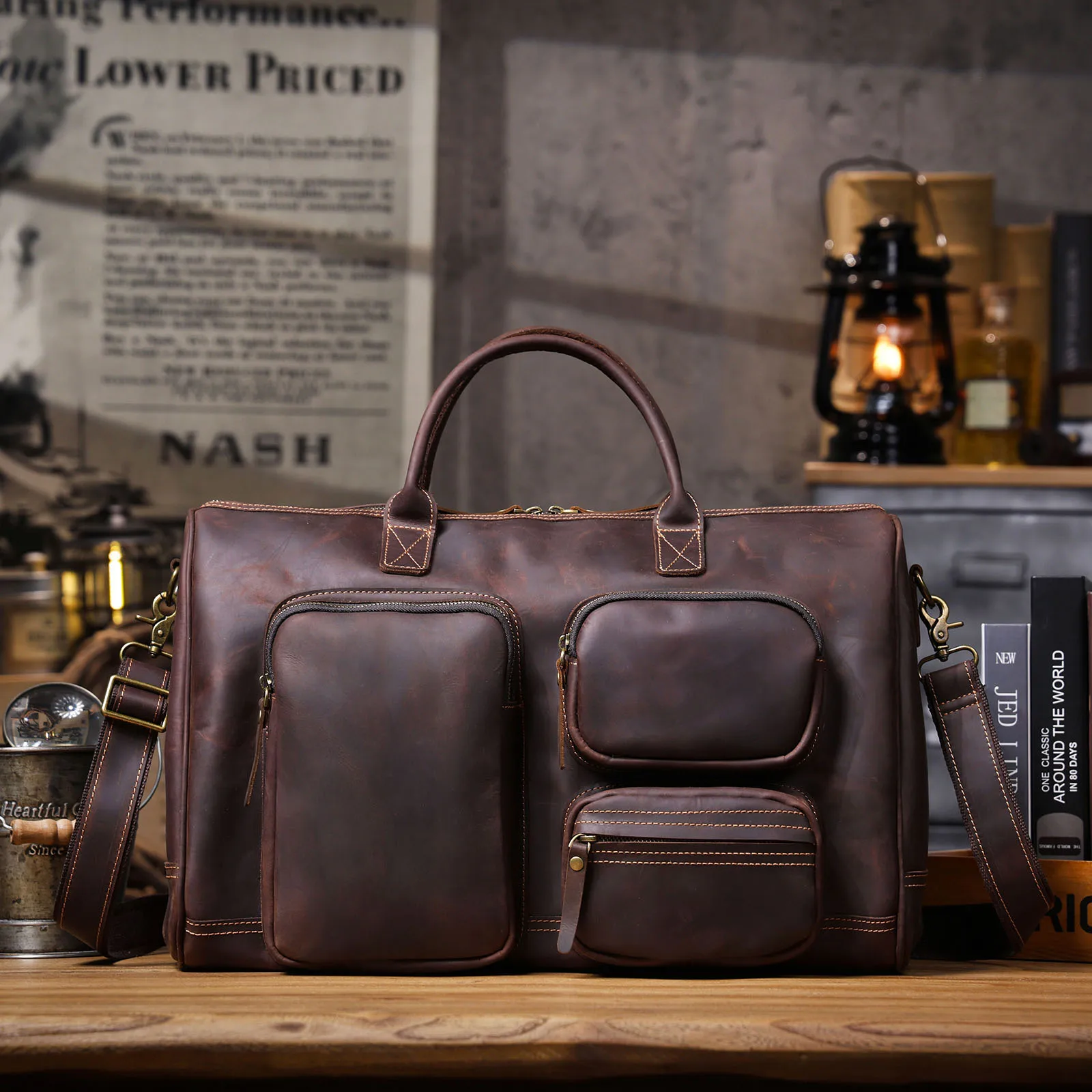 casual vintage crazy horse cowhide men's large-capacity travel bag luxury high-quality genuine leather multi-pocket handbag