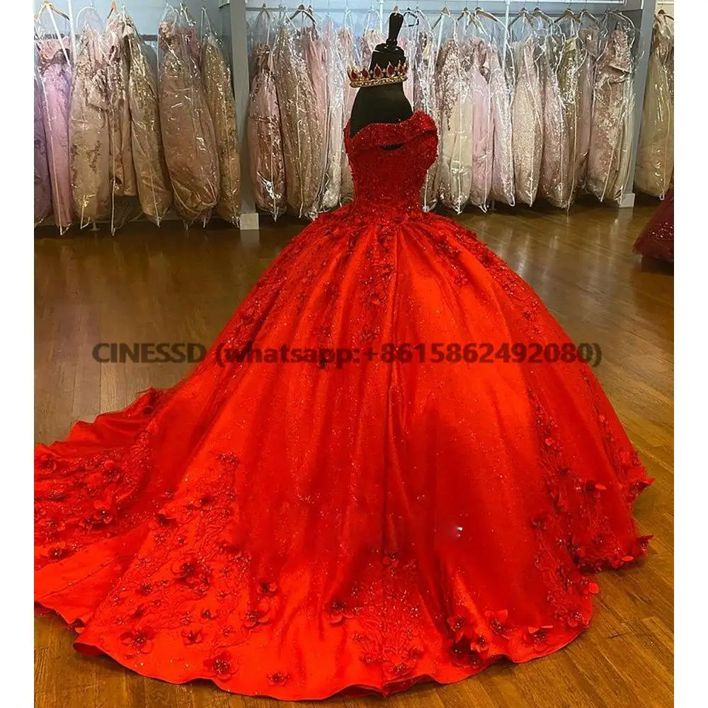 

Red Beading Handmade Flowers Ball Gown Quinceanera Dresses Off The Shoulder Floral Appliques Lace Corset Vestido De 15 Anos