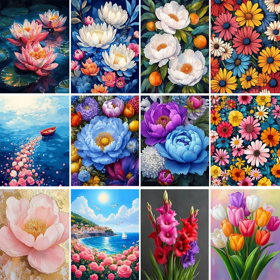 Kit de pintura artesanal de paisaje de flores para adultos, pintura por números, lienzo, pintura acrílica, decoración del hogar, pintura, regalos de Festival