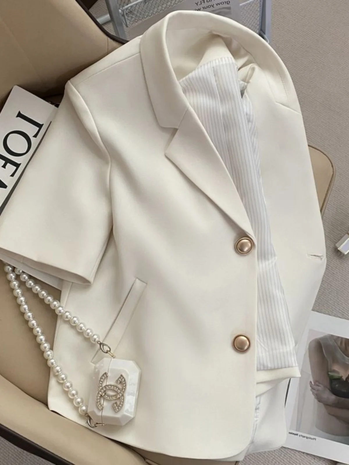 

plus Size Women's ort Jaet Loose Fit Meat Covering Thin Faionable Sli Polyester Summer Workwear Single Button