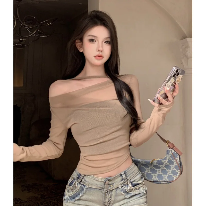 Women Red Y2k Crop Tops Vintage Korean Retro High Street Off Shoulder Knit T-Shirt Streetwear Tee Shirt Fashion Clothing