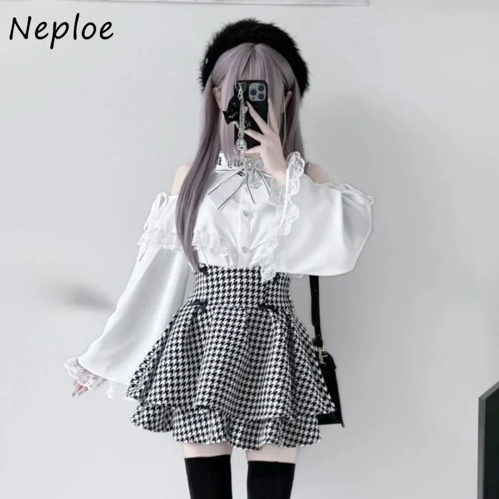 

Neploe милое бальное платье с высокой талией, юбки для студентов, универсальные Mujer Faldas в японском стиле с узором «гусиные лапки», короткие тонкие Falda