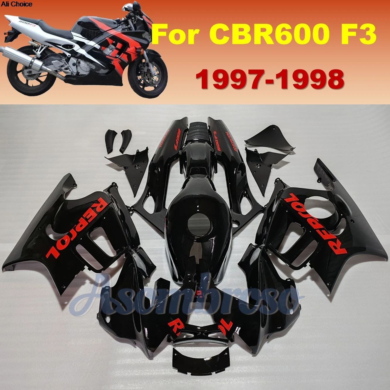 Carenados de Plástico para Motocicleta Honda Repsol CBR600 F3 1997 1998 CBR600F3 97 98 |   Negro Brillante