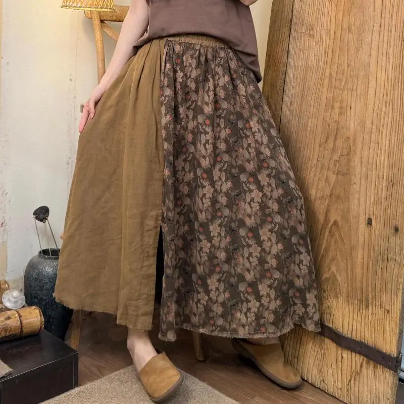 

2025 Summer Arts Style Women Elastic Waist Loose Long Skirt Patchwork Print Cotton Linen Vintage A-line Skirts Good Quality TH89