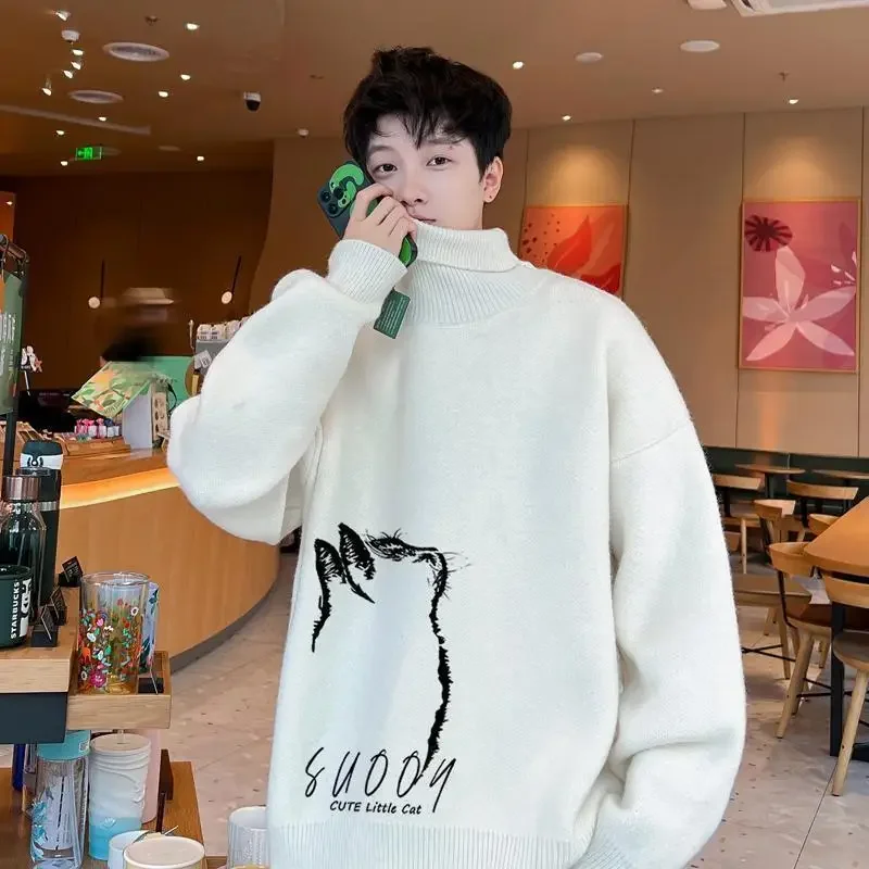 

Sweater Men's Winter Retro Cat Print Sweaters New Couple Autumn Long Sleeves Turtleneck Loose Casual Daily Tops Pullover