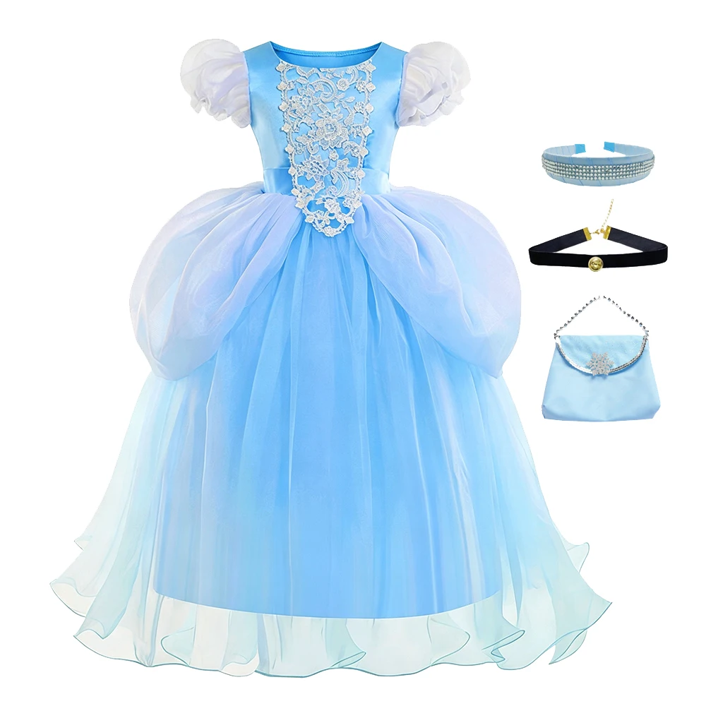 Märchenhaftes Glasstieferl-Kleid für Kinder, Cinderella Geburtstagskleid, Sommerliches Spitzenprinzessinnenkleid mit Puffrock für Halloween, Karneval, Party und Cosplay – Detail 9