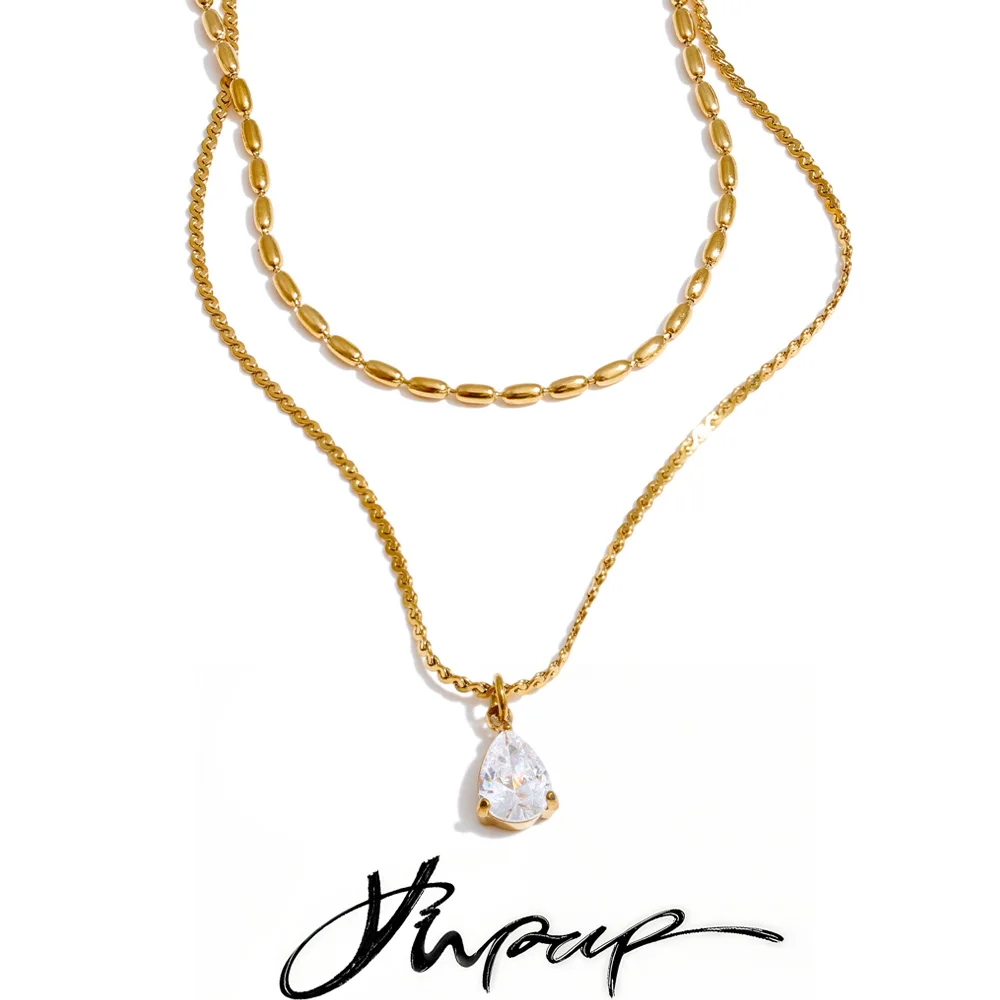 Yhpup New Stainless Steel Double Layer Pendant Necklace Exquisite 2025 Zircon Water Drop Chic Stacking Korean Fashion Jewelry