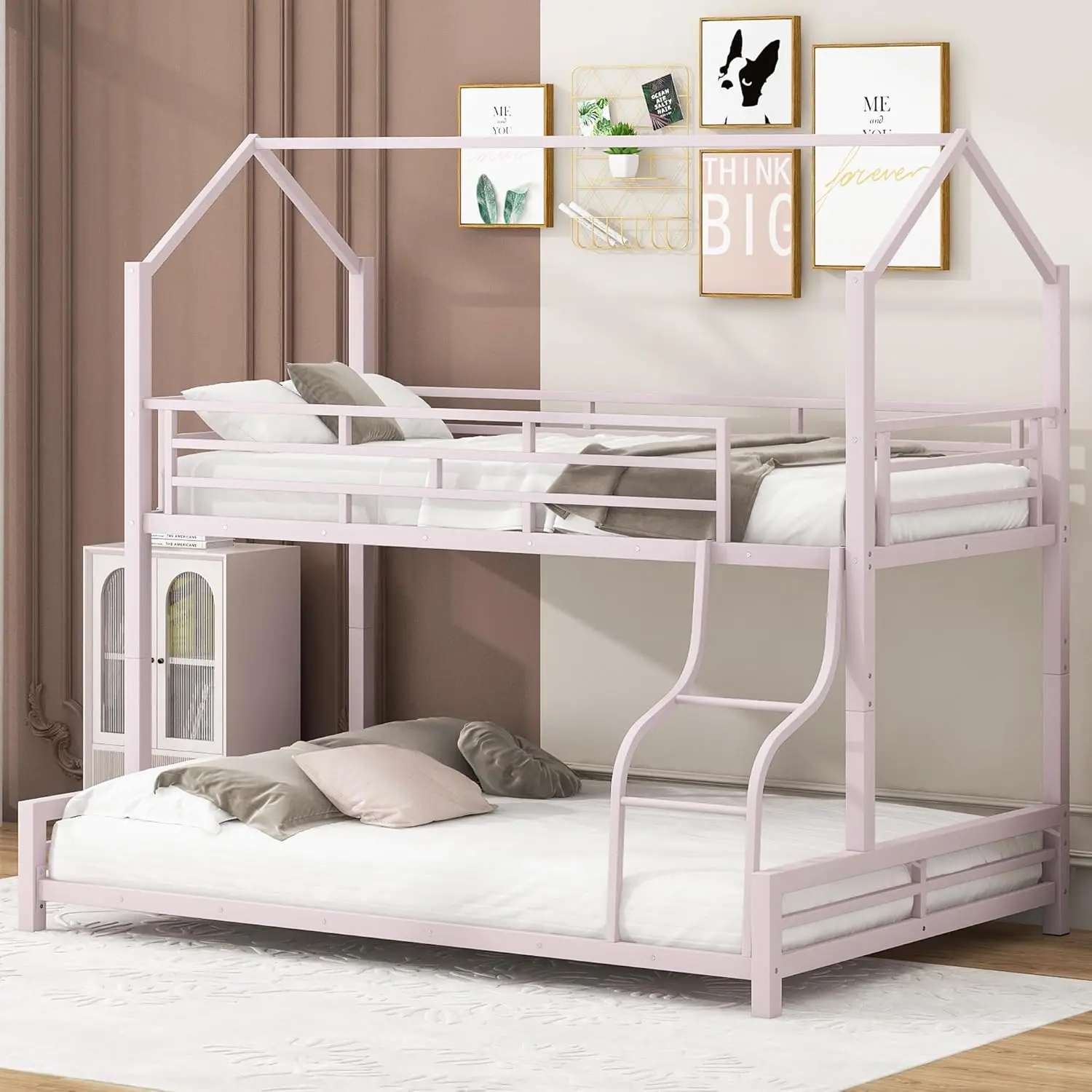 

Twin Over Full Metal House Bunk Bed, Low Metal Bunk Bed Frame with Roof and Built-in Ladder, for Kids Boys Girls Teens