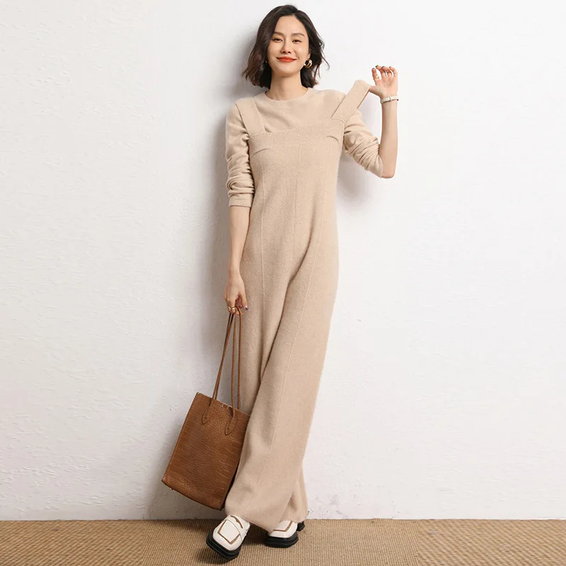 Birdtree, 35% Cashmere 65% Wool Elegant Overalls, Women Loose Waist Solid, Casual Retro Trouser, 2024 Autumn Winter B48768QC