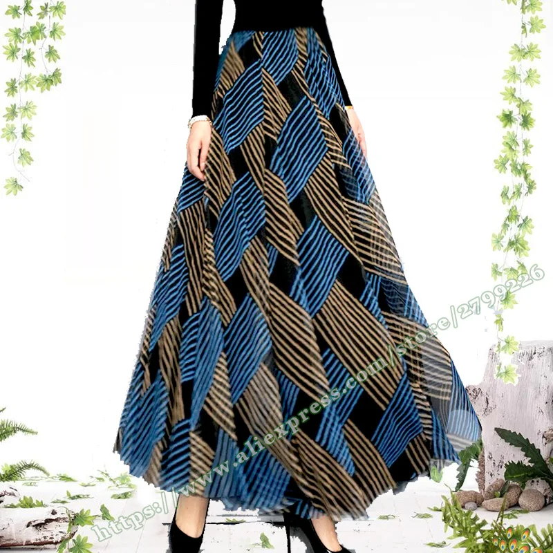2025 Checkered Floral Mesh Pattern A-line Long Skirt  Summer Grid Woman Faldas largas elegantes Womens Maxi Skirts