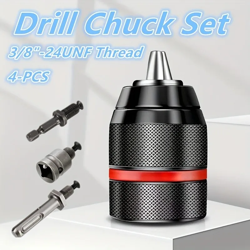 

4Pc Heavy Duty Drill Chuck Set - 3/8"-24UNF, Keyless, SDS Plus/Square Adapter