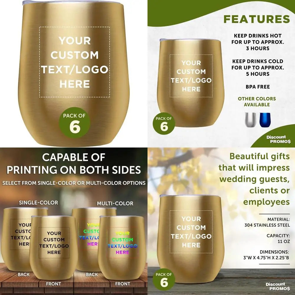 

Personalized Stemless Wine Tumblers Set of 6 - 11 oz, Ideal for Wine and Cocktails, Outdoor Travel, Bulk Customizable