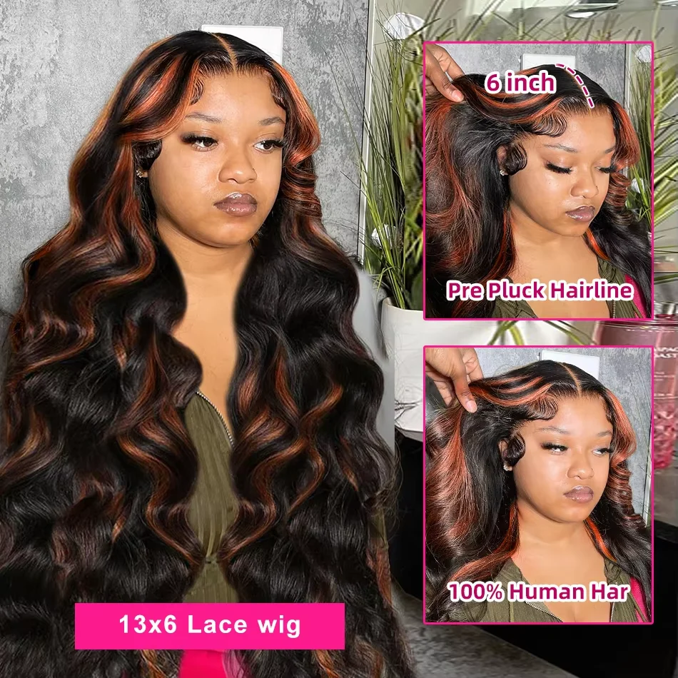 Highlight Ombre 13x4 Body Wave Lace Front Wig Human Hair 1B/4 Black Brown Brazilian 13x6 HD Lace Front Wig For Women 200%