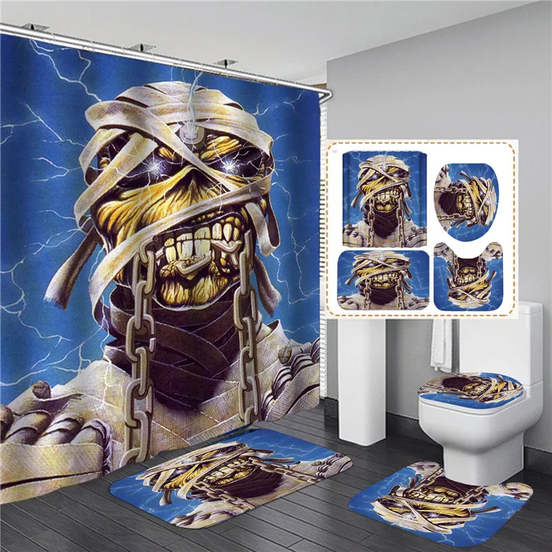 Black Skull Skeleton Printed Shower Curtain Set Horrible Halloween Festival Bathroom Curtain Sets Decor Pedestal Rug Lid Carpet