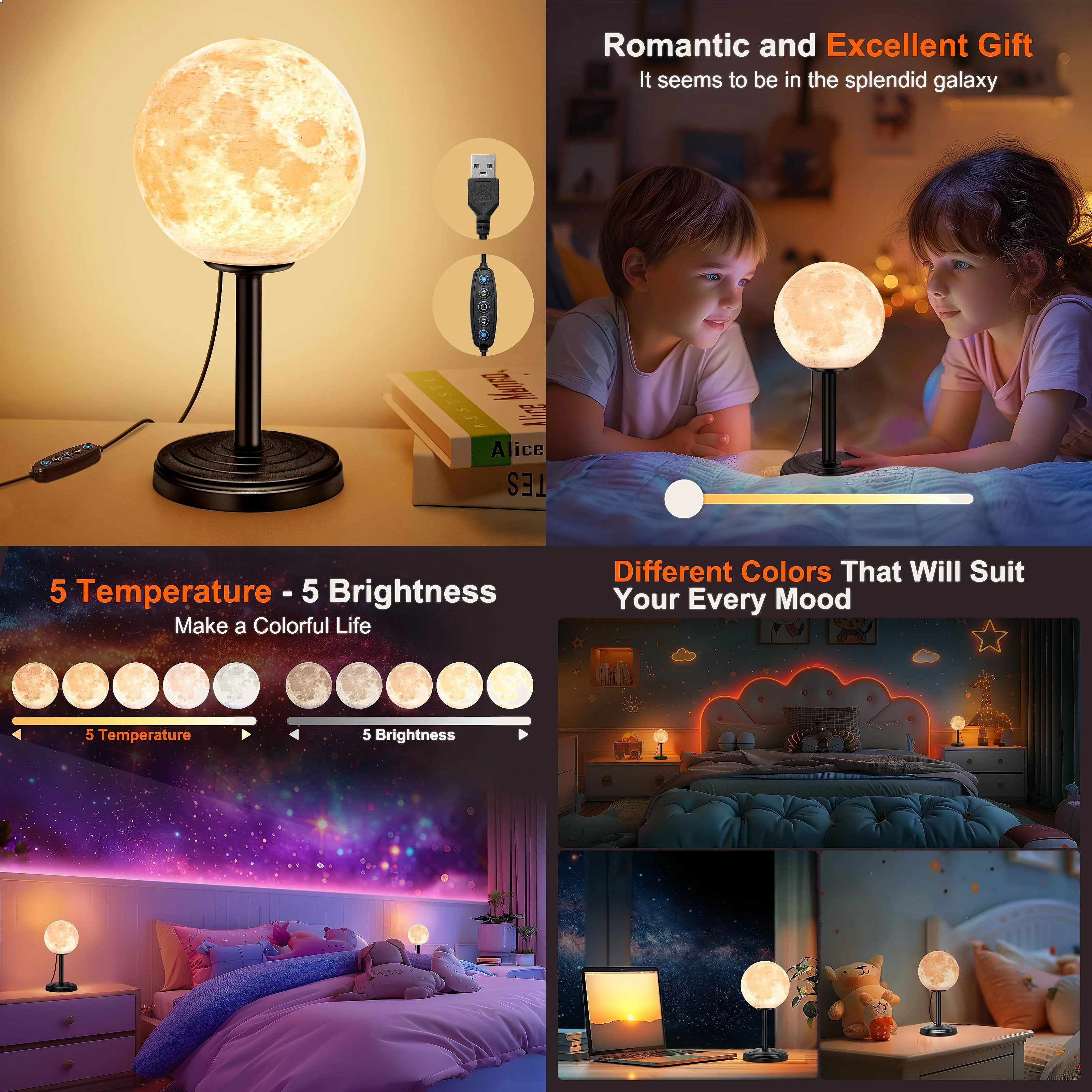 3D Realistic Moon Lamp 25 Modes Dimmable Night Light for Bedroom Kids Gift