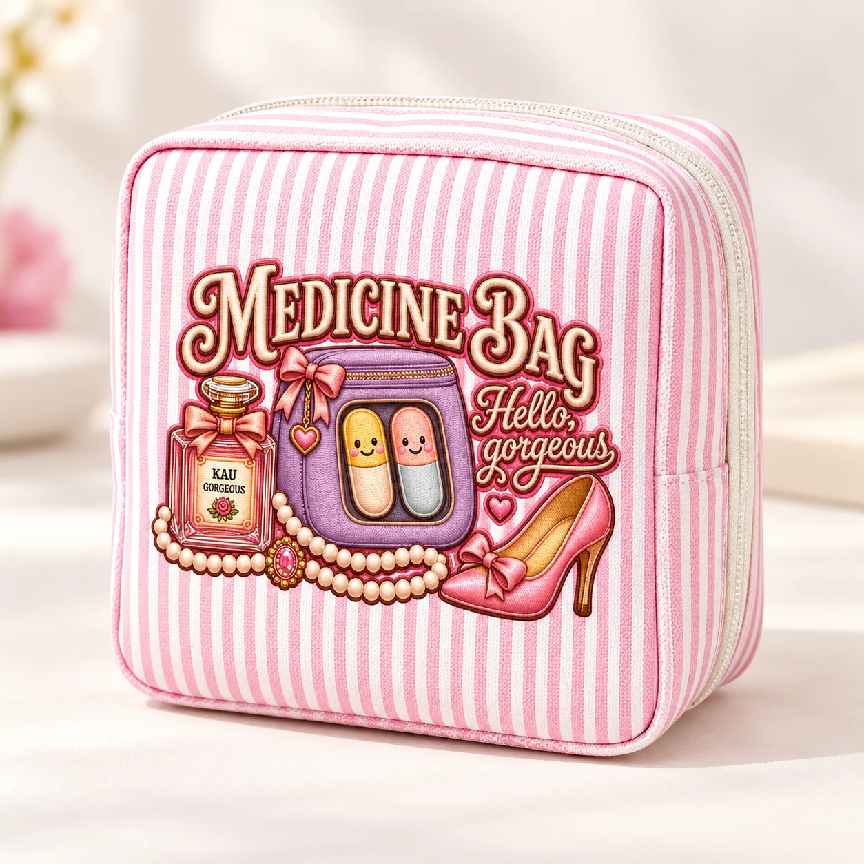 Pink Stripe Printed Cosmetic Bag Cute Medicine Pouch Travel Makeup Organizer Women Toiletry Storage Bag Portable Beauty Pouch
