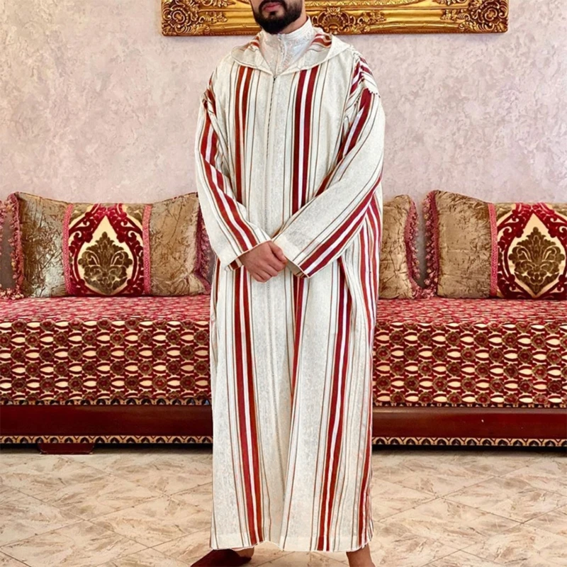 

Islamic Arabic Clothing Men Djellaba Dubai Abaya Muslim Kaftan Middle East Caftan Casual Hooded Striped Robe Jubba Thobe