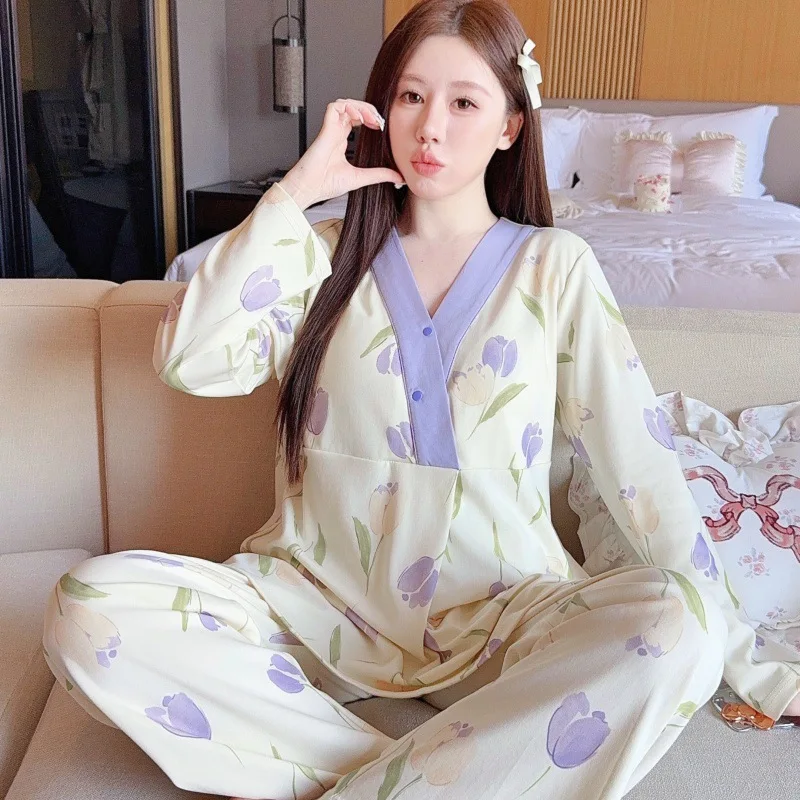 ثوب نوم بعد الولادة بأكمام طويلة مع حمالة صدر مدمجة تدعم ملابس نوم الأمومة للحمل خفيف الوزن للربيع/الصيف