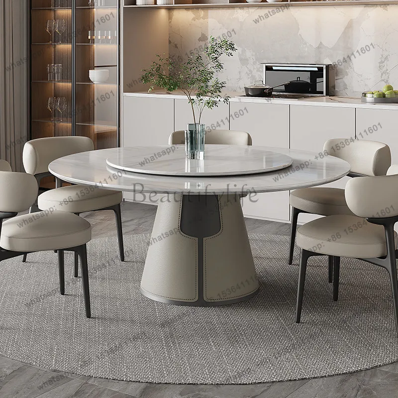 Luxury Fish Belly White Marble Round Dining Table with Lazy Susan 36mm Thick Italian Style Dining Table High-End Home Furniture