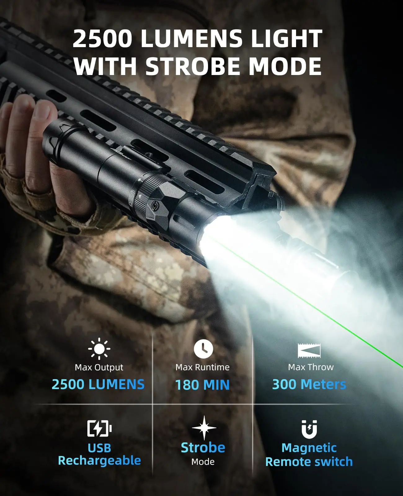 

EZshoot 2500 Lumens Flashlight Light Combo Compatible with Picatinny Rail with Magnetic Remote Switch for Hunting