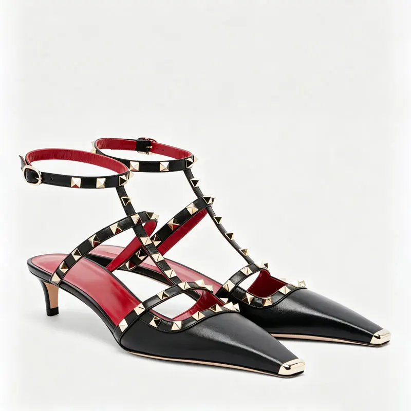 European and American Women's Rivet Low Heel Square Head Stiletto Sandals Fashion Show Party Summer Women's High Heel Sandals