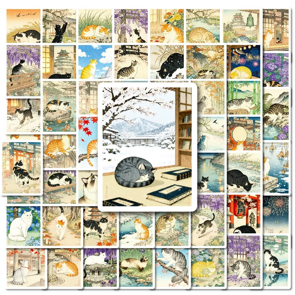 

56Pcs Japanese Antique Style Cat Stickers Retro Pattern Cat Garden Spring Cherry Hand Account Notebook Artistic Material Sticker