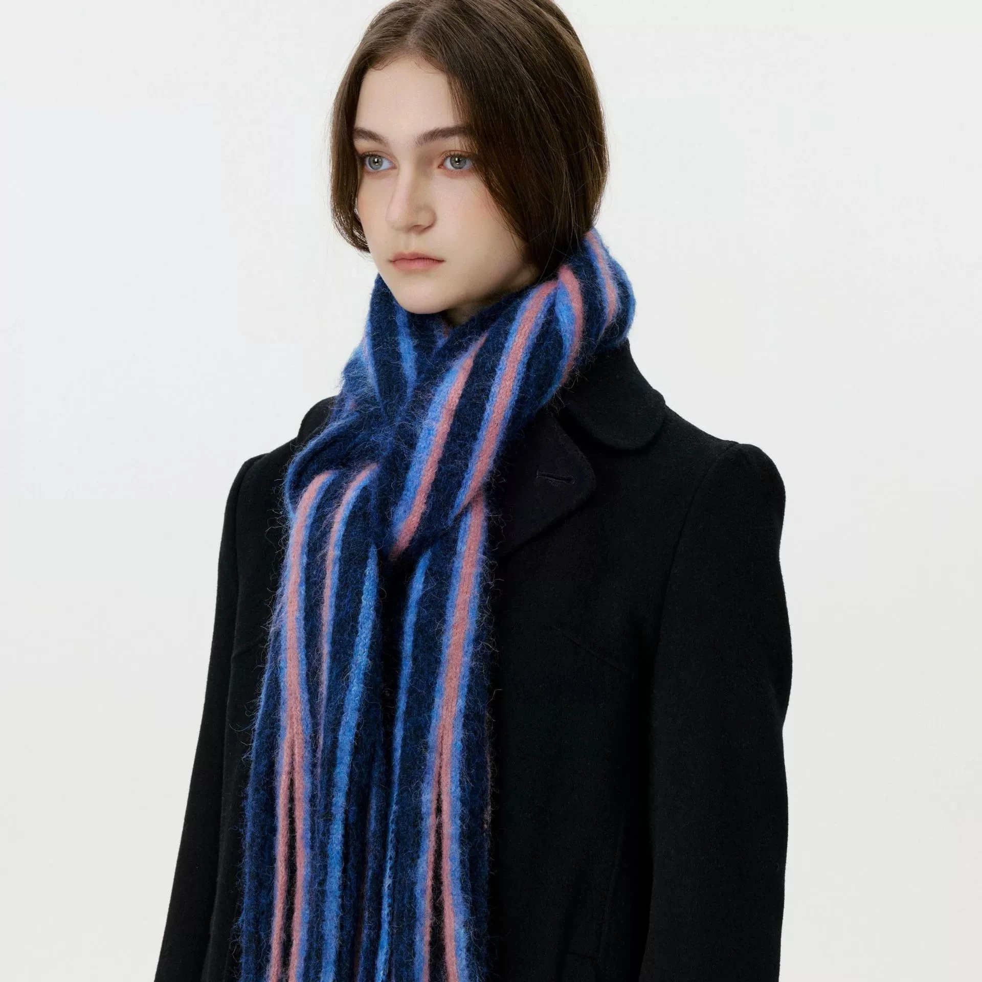 Thickened Wool Blend Color-blocked Long Tassel Scarf Warm Winter Neck Warmer High Content Wool College Style Stripe Scarf