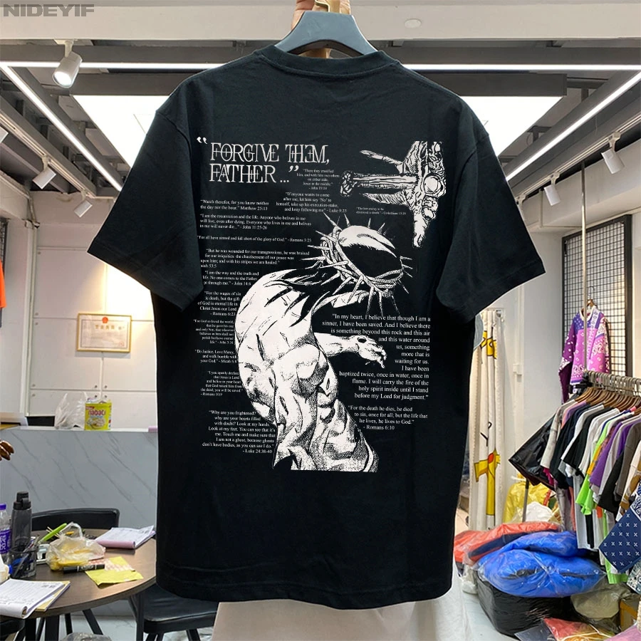 Camiseta cristiana religiosa de Jesús perdonás el padre para hombres y mujeres, ropa de calle de hip hop, camisetas 100% de algodón CJ2