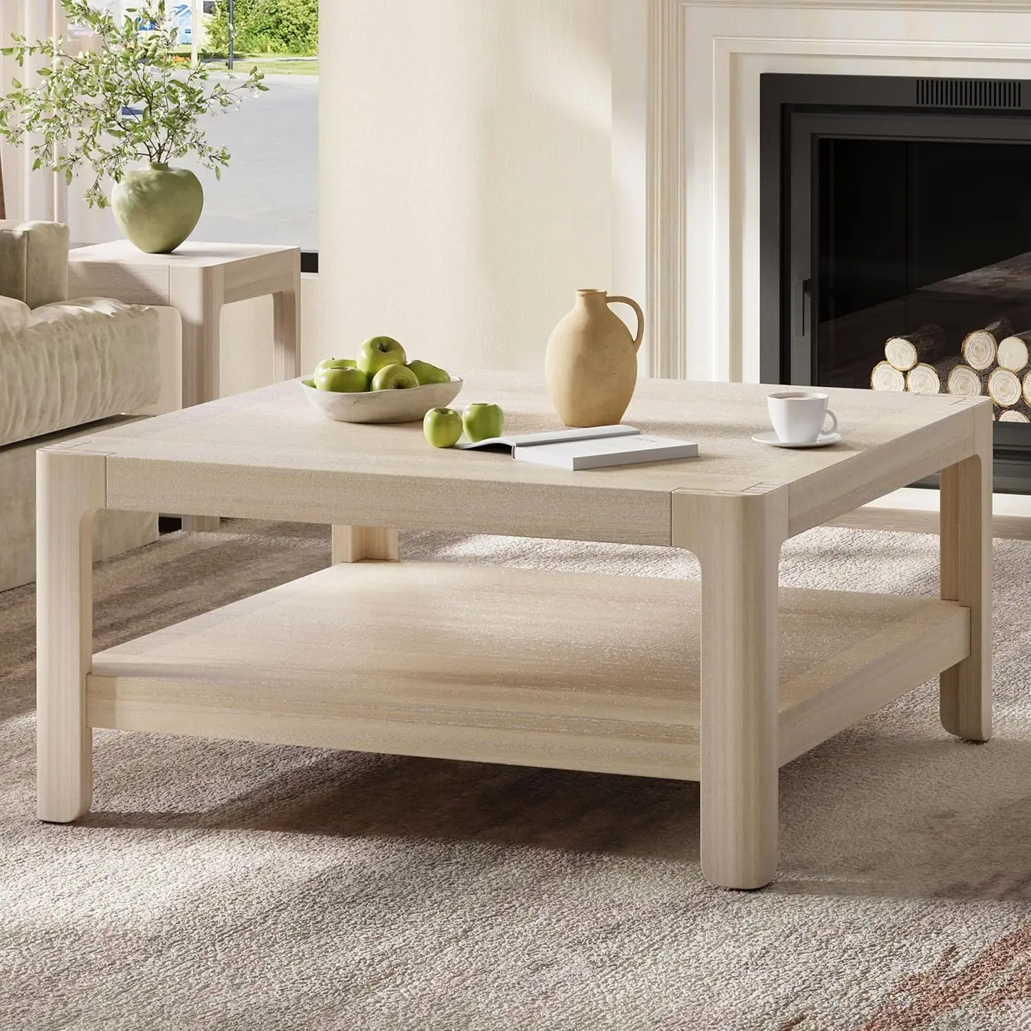 

Modern Square Coffee Table with Open Shelf Living Room Furniture Natural, Customized