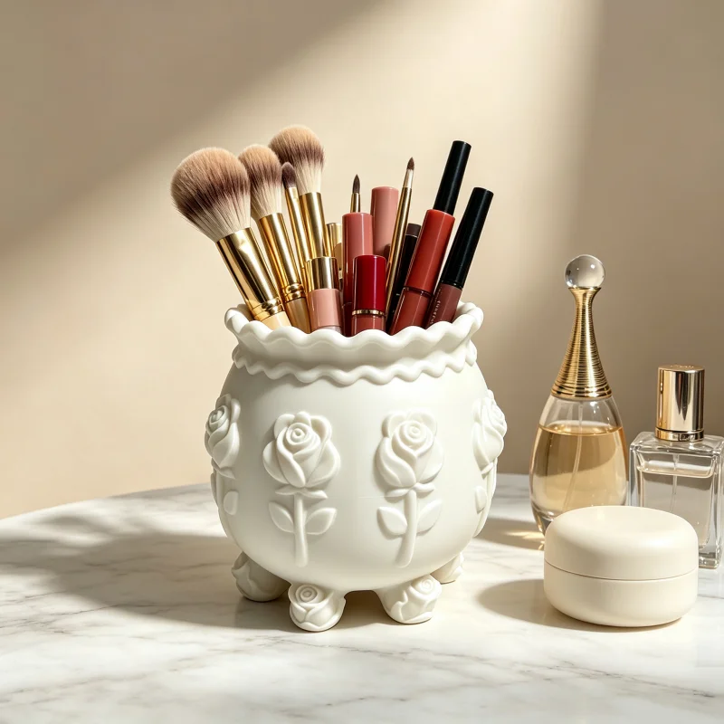 Vintage Three-Dimensional Carved Rose Makeup Brush Holder, White Wavy-Edged Six-Rose Base Storage Container, High Aesthetic Vanity Table Ornament, Girl's Bedroom Decoration
