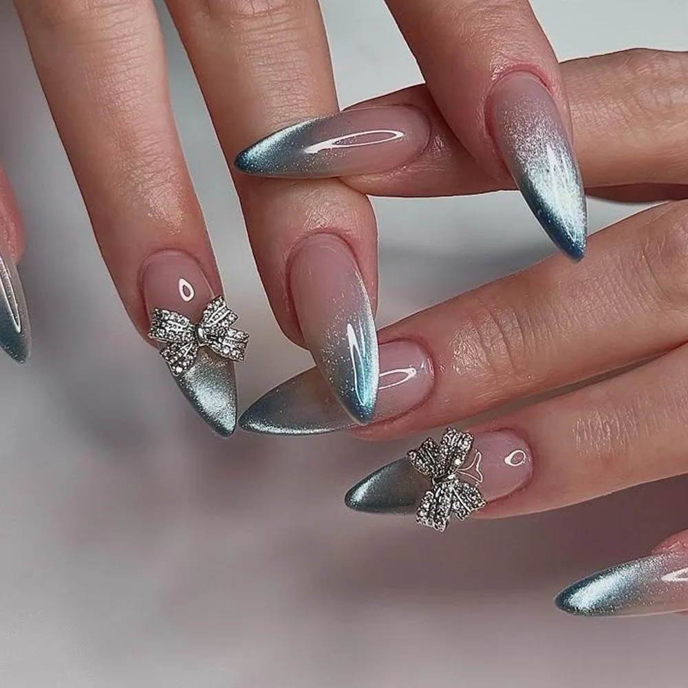 24 Uds uñas postizas de lazo Simple con diseño de polvo brillante uñas postizas largas de almendra diamante ojo de gato cubierta completa punta de uñas prensadas en las uñas