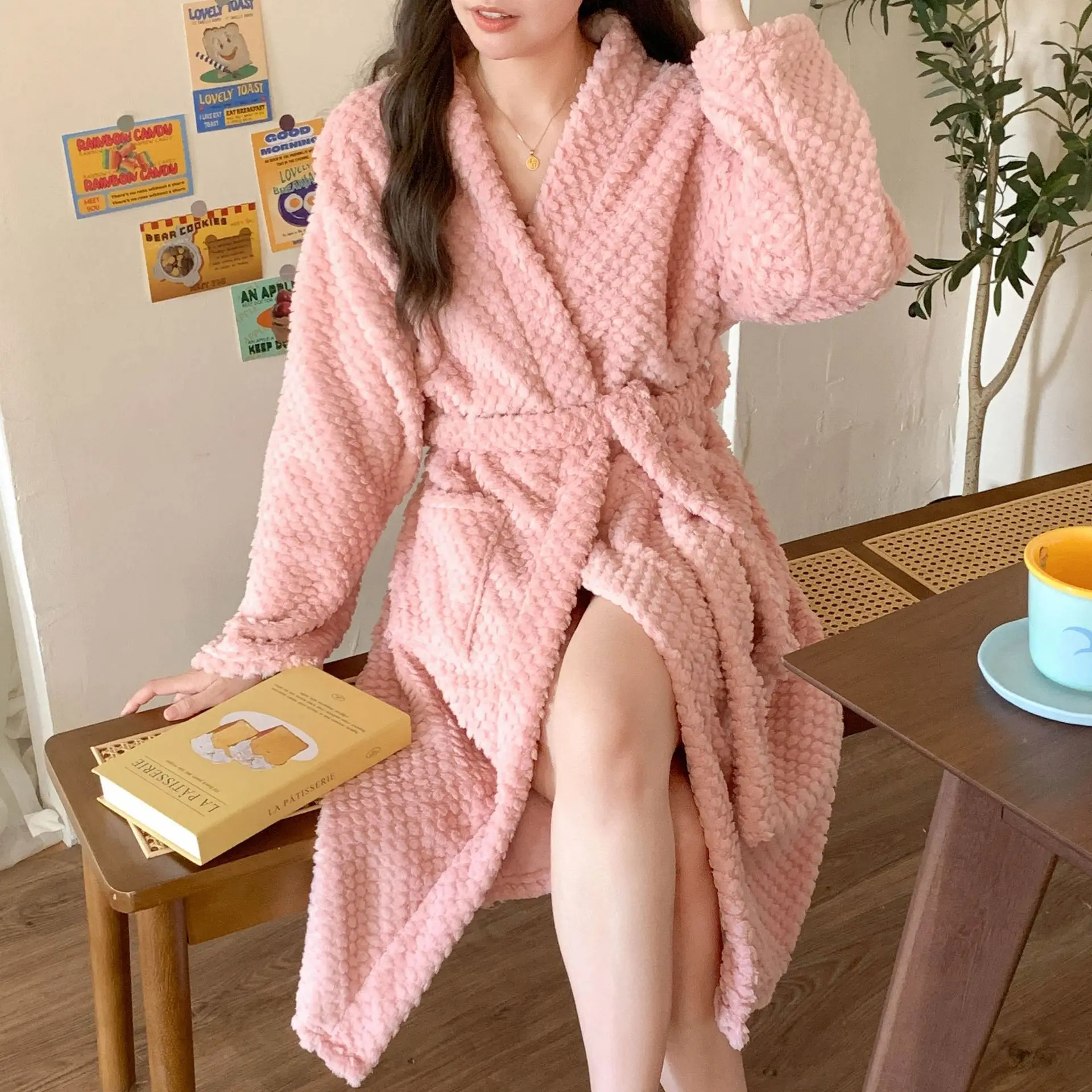 New Fall and Winter Sexy Female Facecloth Robe Homewear Pajamas Padded Thickened Coral Fleece Robe Pajama Pants Homewear Set