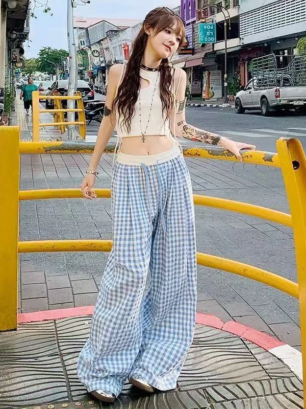 Summer Casual Loose Elastic Plaid Color Block Wide Leg Straight Tube Home Slippers Long Pants Korean Style High Waist Trousers