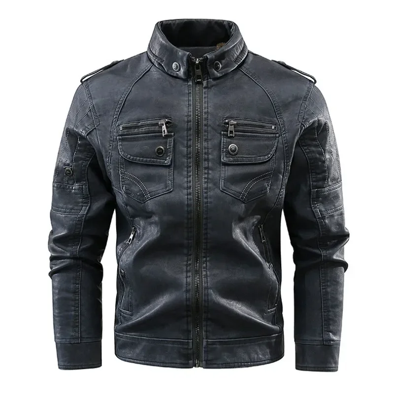 Men's Washed Retro Pu Leather Jacket Multi-pocket Stand Collar Punk Handsome Leather Coat