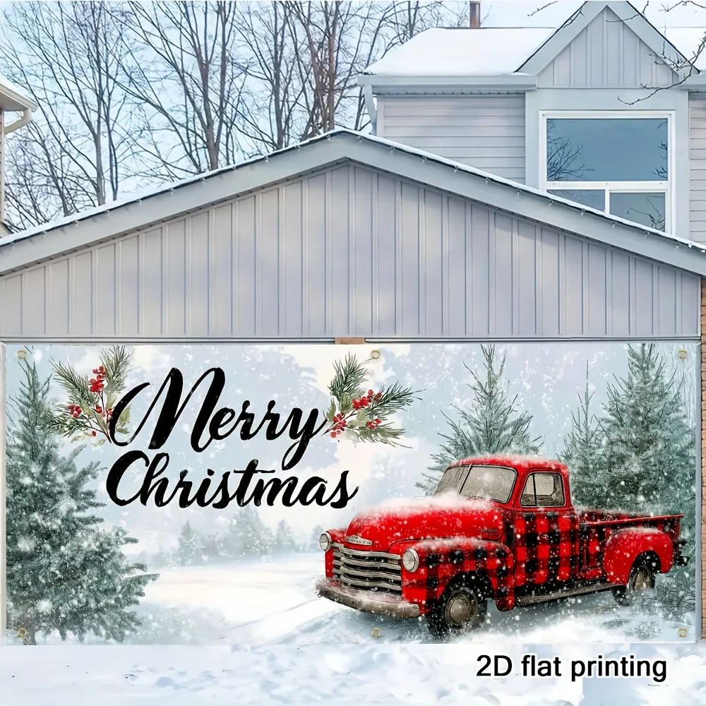 خطة ثنائية الأبعاد، علم جراج مقطورة حمراء احتفالية - شجرة الأرز وتصميم عيد الميلاد، ديكور للمستودعات والحفلات