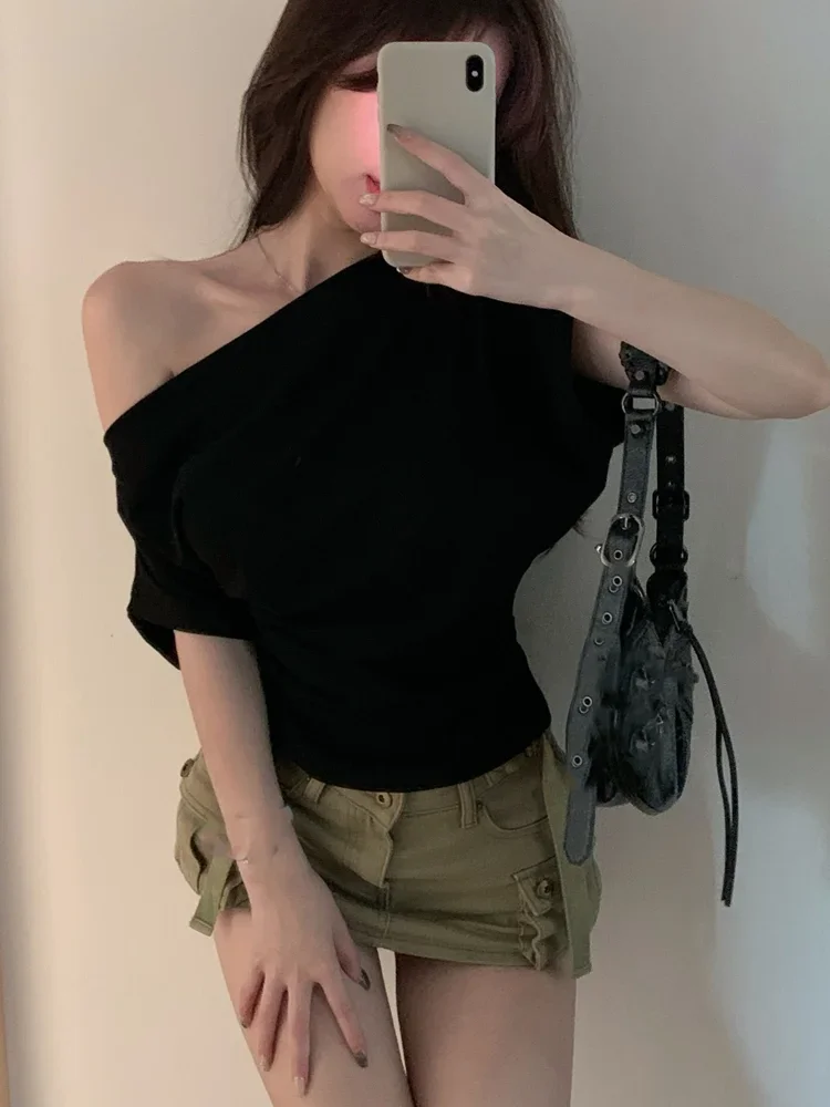 Skinny Sexy White Y2k Crop Top Women Off Shoulder Spring T-shirt Korean Style Black Blouse Tees 2024 Summer Fashion Clothing