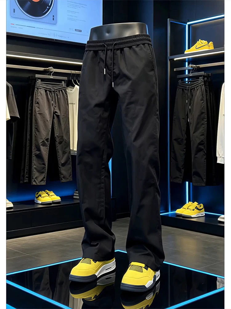 Quick Dry Straight Leg Men's Casual Pants Pure Black Knife  Outdoor Fashionable Polyester Fiber Elastic Waist Outdoor
